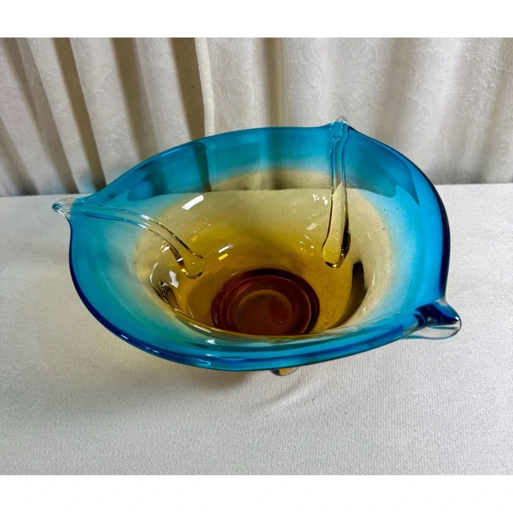 Mid-Century Modern Hand Blown Art Glass Console Bowl in Turquoise and Amber